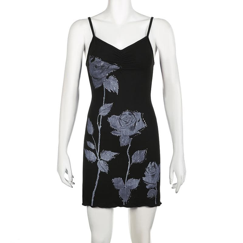 Print Ruched V Neck Spaghetti Strap Lettuce Hem Mini Dress