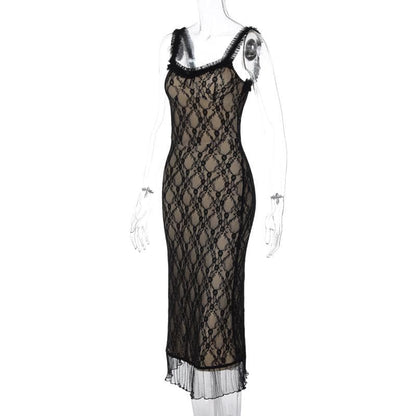 Square Neck Lace Overlay Ruffle Hem Sleeveless Midi Dress