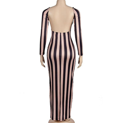 Vertical Stripe Long Sleeve Open Back Bodycon Maxi Dress