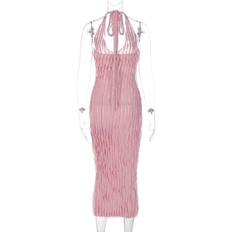 Halter U-Neck Lettuce Edge Ruffle Column Midi Dress
