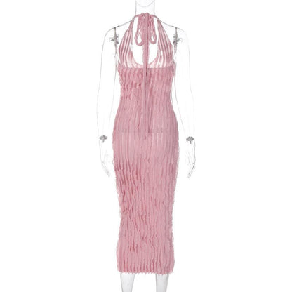 Halter U-Neck Lettuce Edge Ruffle Column Midi Dress