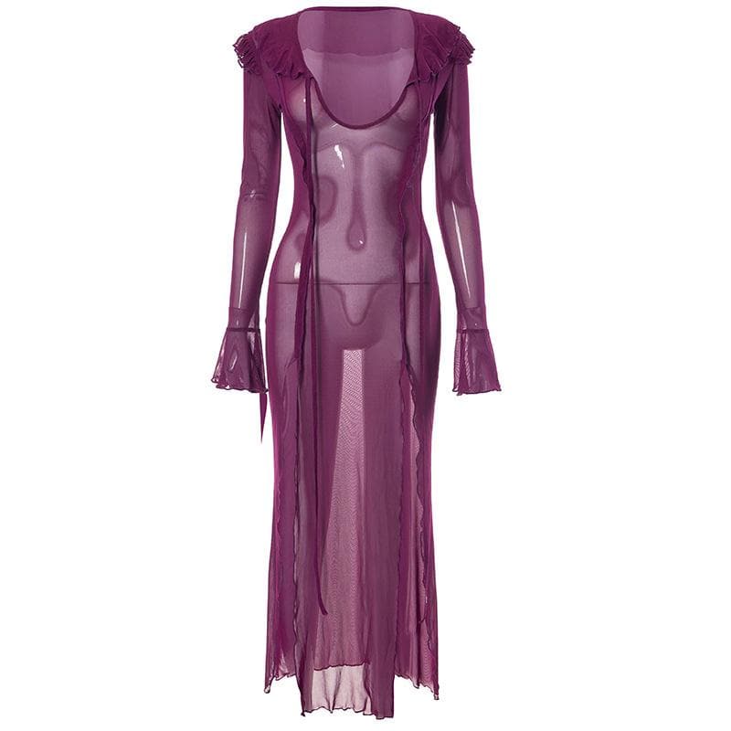 Sheer Mesh Ruffle Cuff Deep V Neck High Slit Flared Sleeve Maxi Dress
