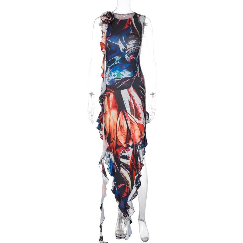 Round Neck Abstract Print Flower Applique Ribbon Sash Ruched Maxi Dress