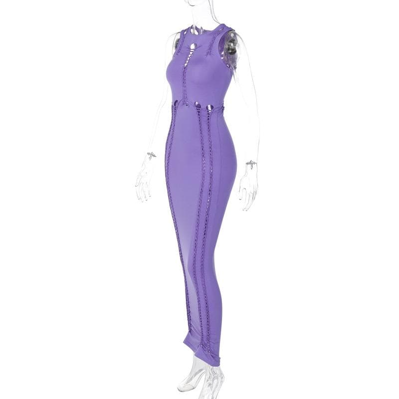 Crewneck Sleeveless Ladder Stitch Cutout Ruched Bodycon Maxi Dress