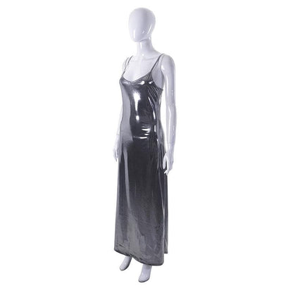 Metallic V Neck Backless Spaghetti Strap Cami Maxi Dress