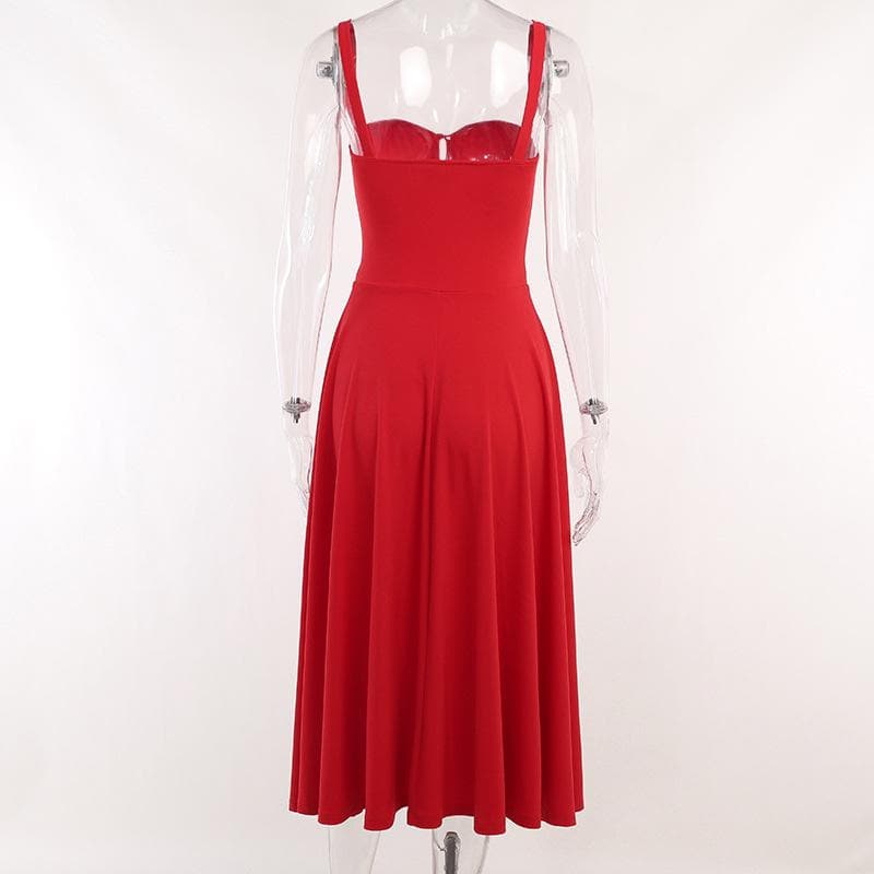 Ruched Sweetheart Neck Spaghetti Strap High Slit Midi Dress