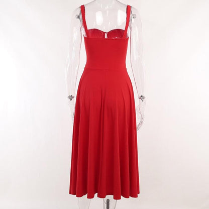 Ruched Sweetheart Neck Spaghetti Strap High Slit Midi Dress
