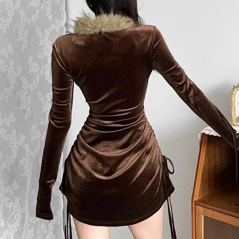 Faux Fur Collar Square Neck Long Sleeve Ruched Drawstring Side Mini Dress