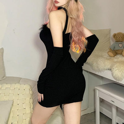 Strapless Faux Fur Trim Heart Hardware Keyhole Rib Knit Mini Dress