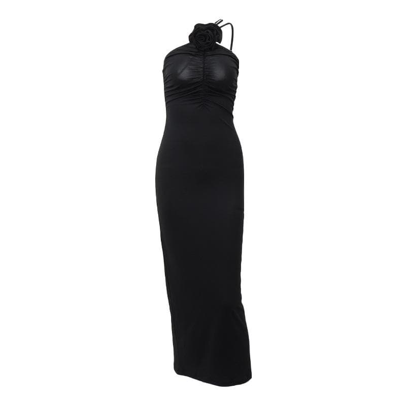 Flower Applique One Shoulder Ruched Maxi Dress