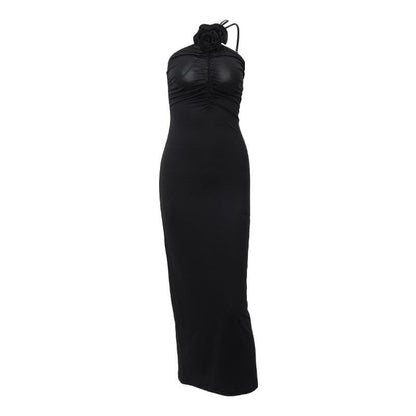 Flower Applique One Shoulder Ruched Maxi Dress