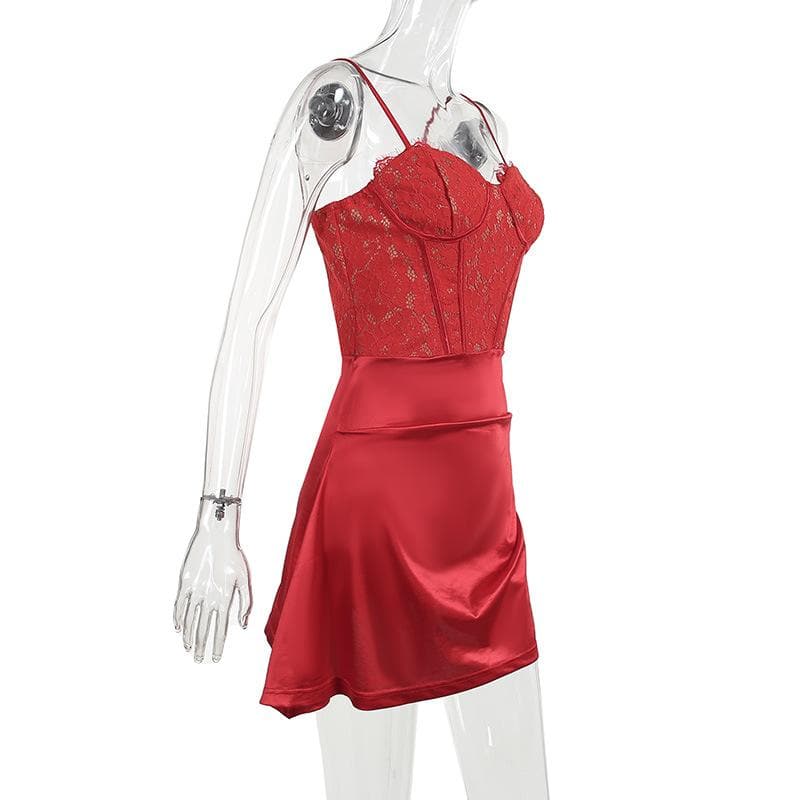 Lace Corset Bodice Sweetheart Spaghetti Strap Satin Mini Dress