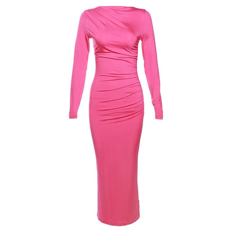 Boat Neck Ruched Gathered Long Sleeve Zip Maxi Dress