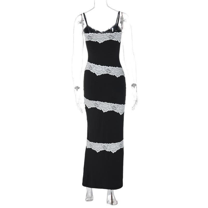 Lace Panel Trim Spaghetti Strap V Neck Bodycon Maxi Dress