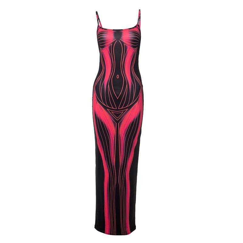 Square Neck Contour Print Spaghetti Strap Maxi Dress