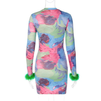 Crew Neck Long Sleeve Abstract Brushstroke Print Feather Cuff Mini Dress