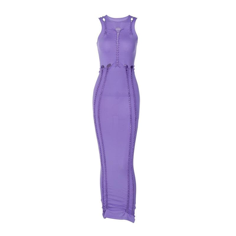 Crewneck Sleeveless Ladder Stitch Cutout Ruched Bodycon Maxi Dress