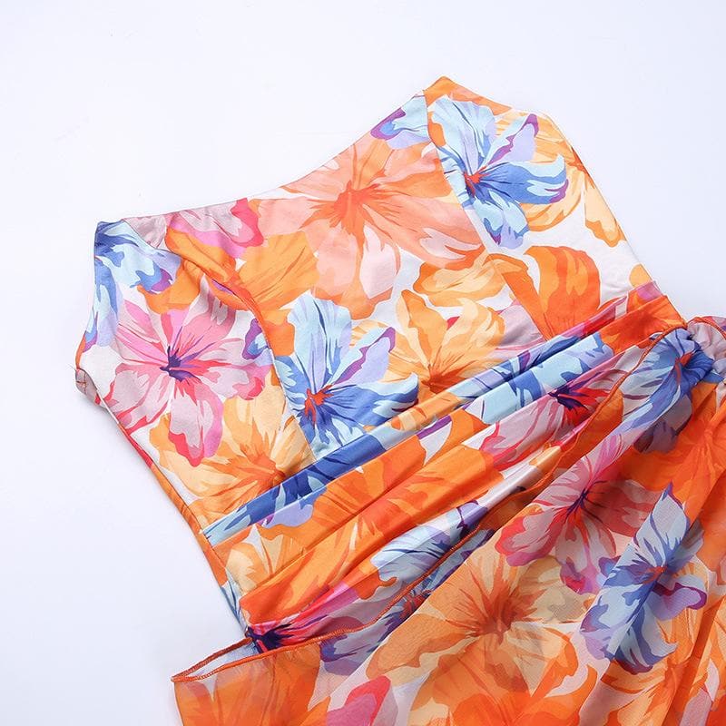 Strapless Tropical Floral Print Ruched Asymmetric Hem Mini Dress