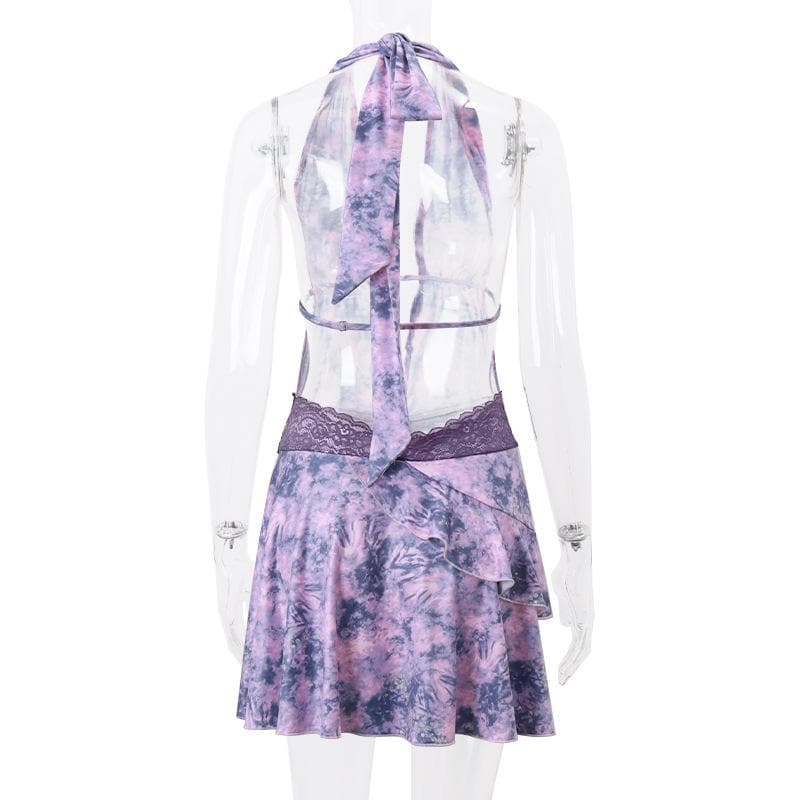 Halter Deep V Neck Lace Waist Ruffle Skirt Tie Dye Mini Dress