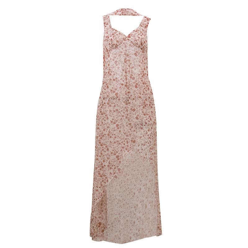 Sweetheart Neck Wide Strap Ditsy Floral Print Side Slit Maxi Dress