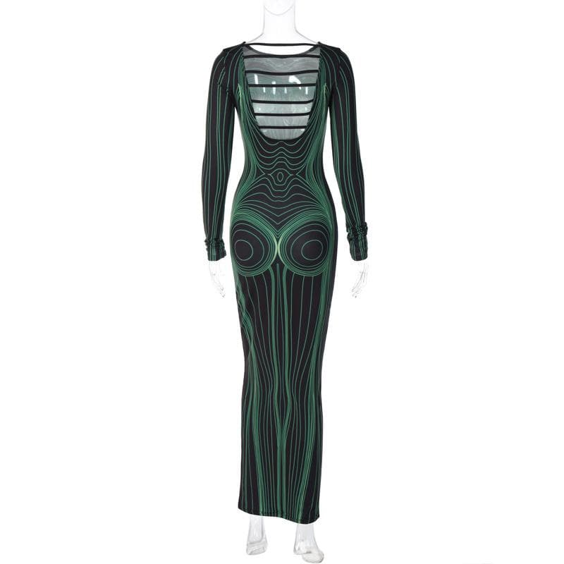 Body Contour Graphic Print Crew Neck Long Sleeve Maxi Dress