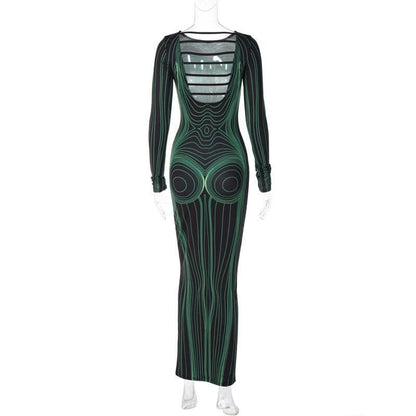Body Contour Graphic Print Crew Neck Long Sleeve Maxi Dress