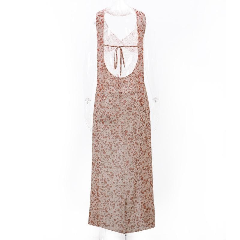 Sweetheart Neck Wide Strap Ditsy Floral Print Side Slit Maxi Dress