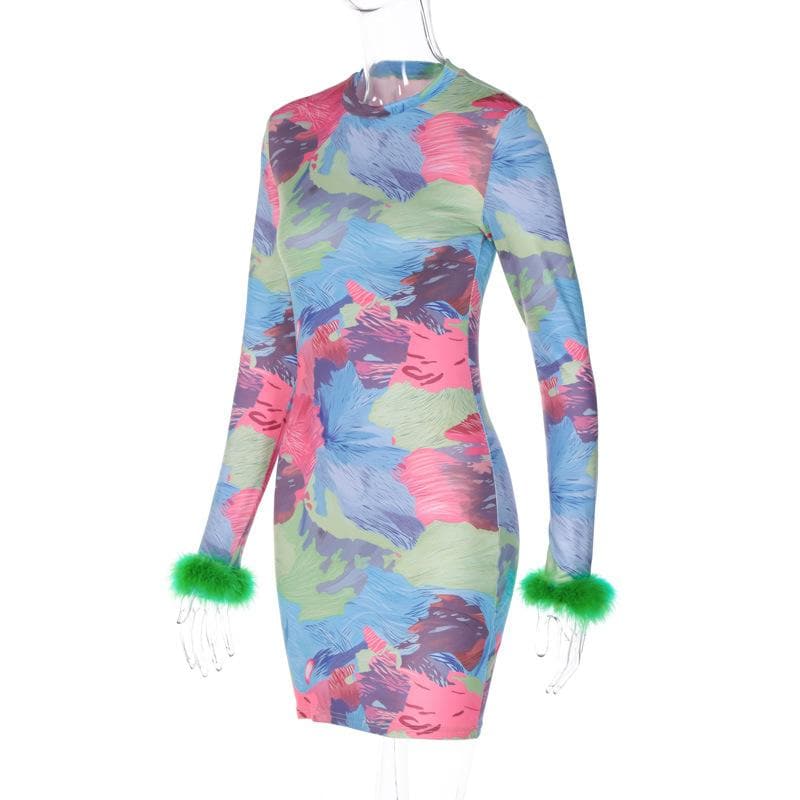 Crew Neck Long Sleeve Abstract Brushstroke Print Feather Cuff Mini Dress