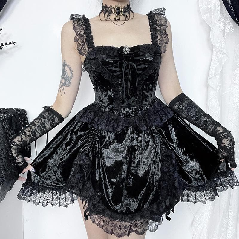Sleeveless Velvet Lace Hem Ruffle Lace-Up Mini Dress