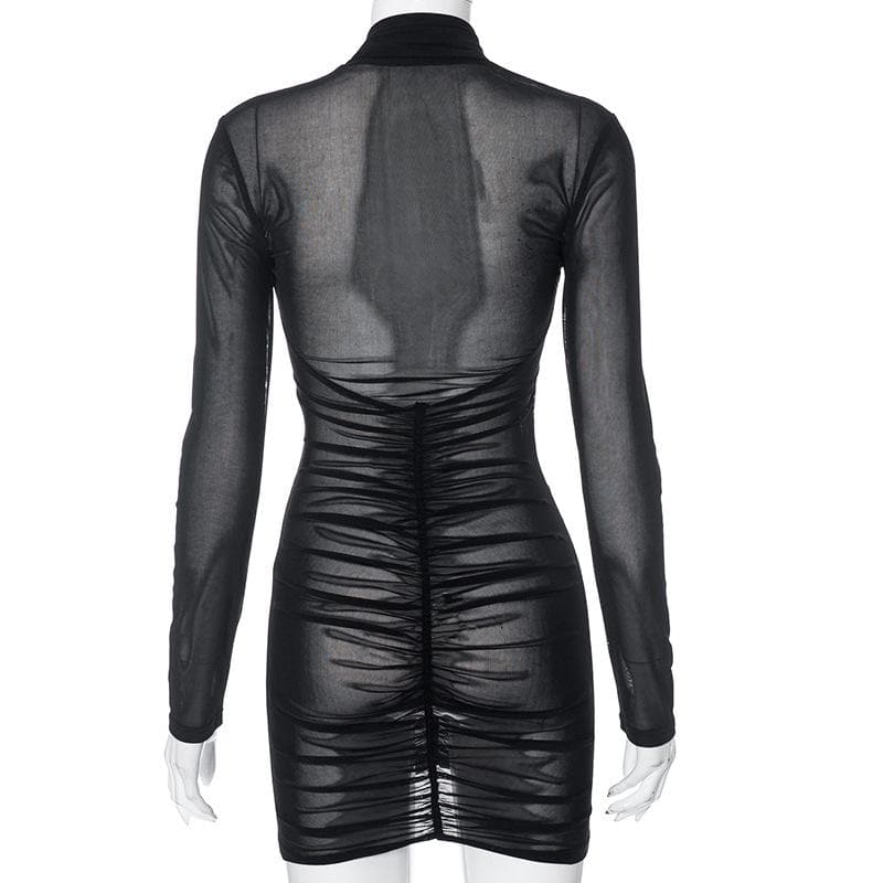 Ruched Cross Front Sheer Mesh Long Sleeve Mini Dress