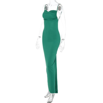 Spaghetti Strap Plunging Backless Ruched Bodycon Maxi Dress