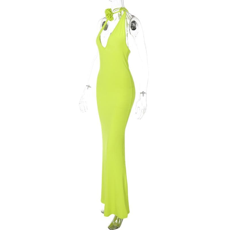 Halter V-Neck Flower Applique Self Tie Maxi Dress
