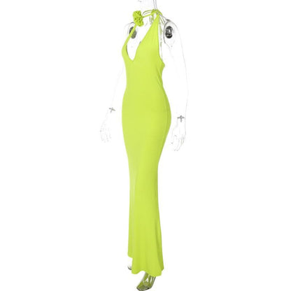 Halter V-Neck Flower Applique Self Tie Maxi Dress