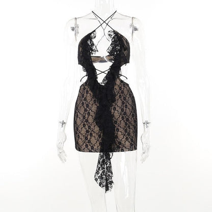 Lace Halter Cross Front Diamond Cutout Ruffle Mini Dress