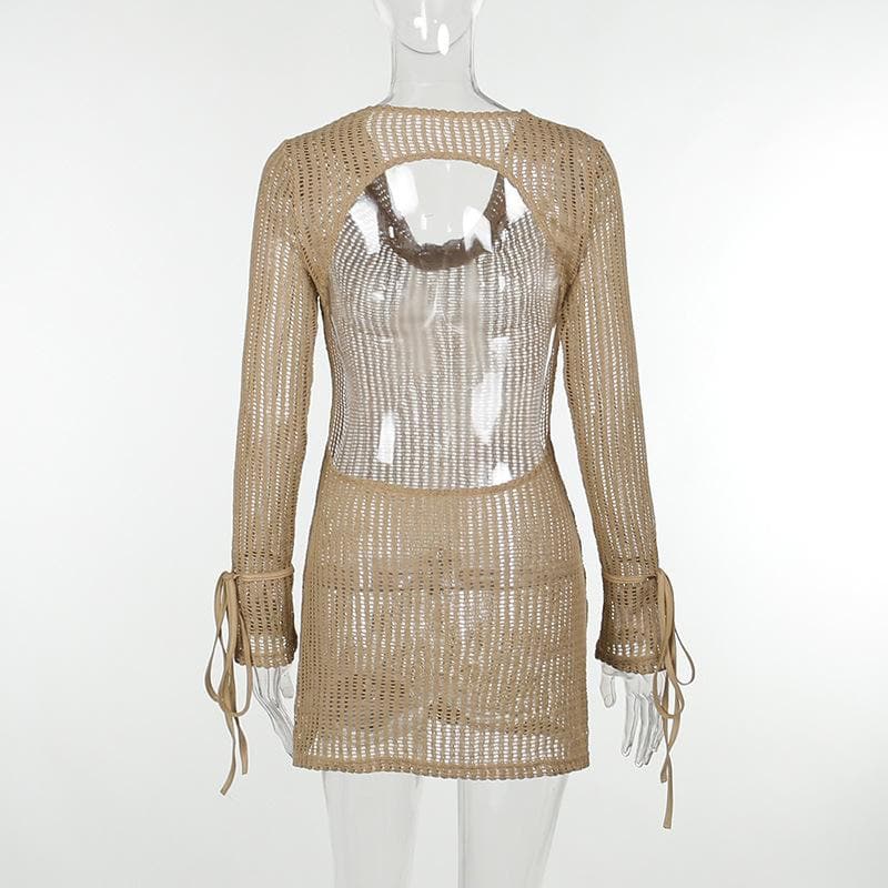 Cowl Neck Open Knit Tie Cuff Long Sleeve Hollow Out Mini Dress