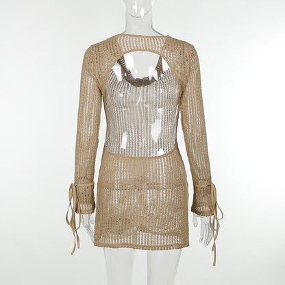 Cowl Neck Open Knit Tie Cuff Long Sleeve Hollow Out Mini Dress