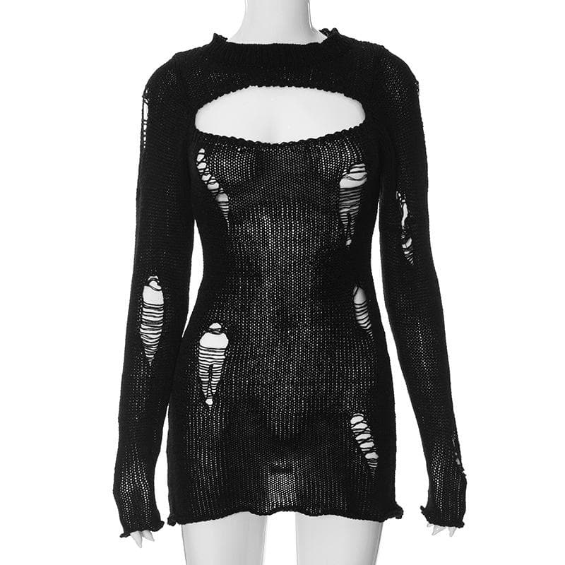 Distressed Rip Hollow Out Crew Neck Long Sleeve Crochet Mini Dress