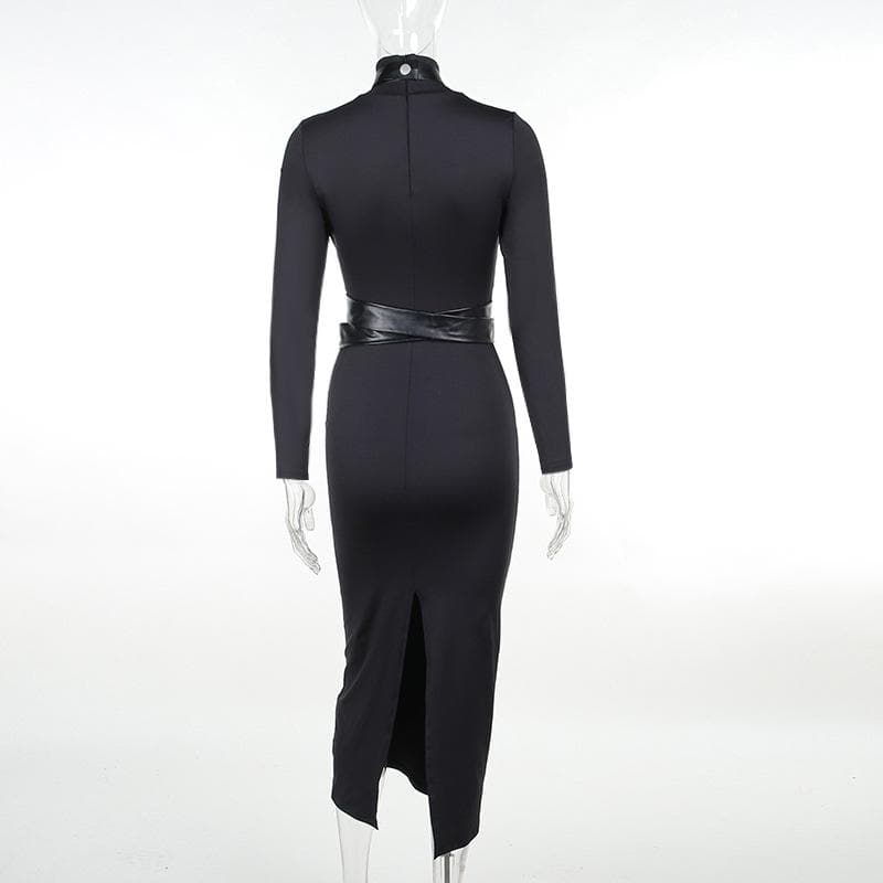 High Neck Faux Leather Harness Strap Bodycon Midi Dress