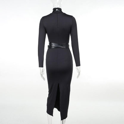 High Neck Faux Leather Harness Strap Bodycon Midi Dress