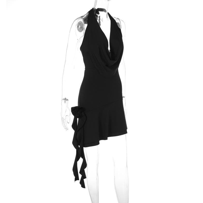 Cowl Neck Halter Ruffle Trim Side Cascade Backless Mini Dress