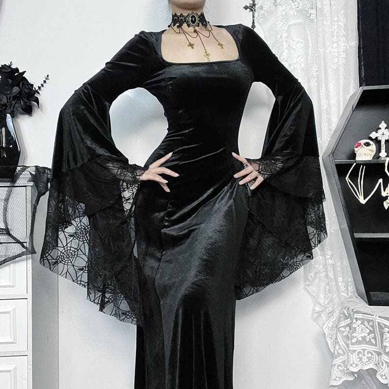 Velvet Square Neck Bell Sleeve Spiderweb Lace Panel Maxi Gown
