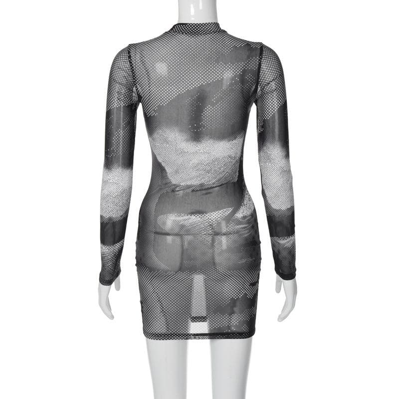 Mock Neck Long Sleeve Halftone Abstract Print Sheer Mesh Bodycon Mini Dress