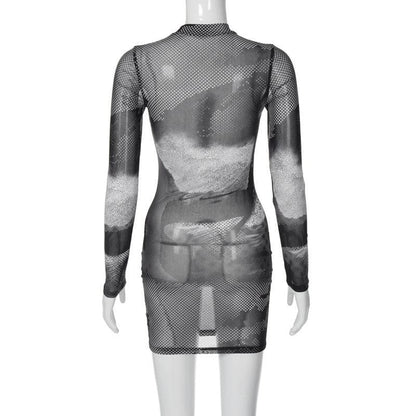 Mock Neck Long Sleeve Halftone Abstract Print Sheer Mesh Bodycon Mini Dress