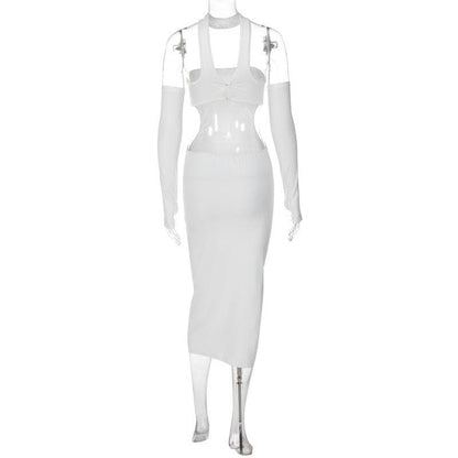 Halter Choker Glove Thumbhole Side Cutout Backless Midi Dress