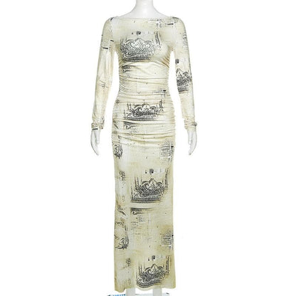 Crew Neck Long Sleeve Newspaper Print Ruched Side Bodycon Maxi Dress
