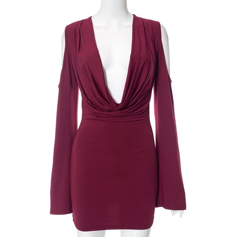 Cowl Neck Cold Shoulder Long Sleeve Bodycon Mini Dress