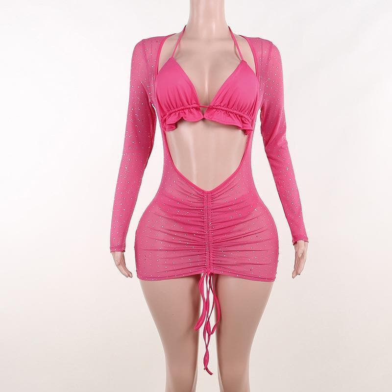 Rhinestone Mesh Long Sleeve Midriff Cutout Ruched Drawstring Bikini Cover Up Set