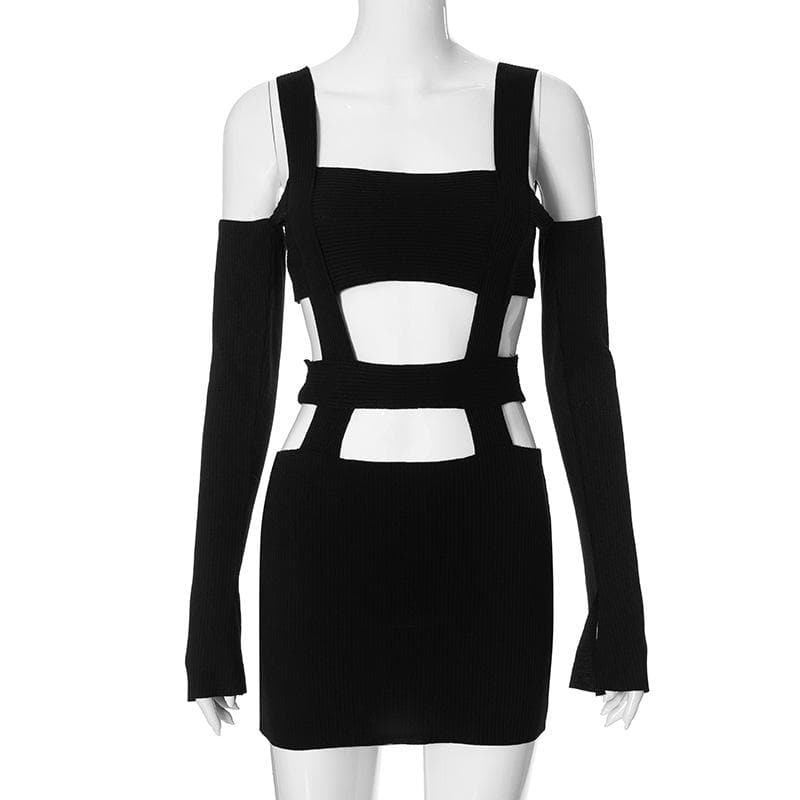 Square Neck Cutout Rib Knit Long Sleeve Mini Dress