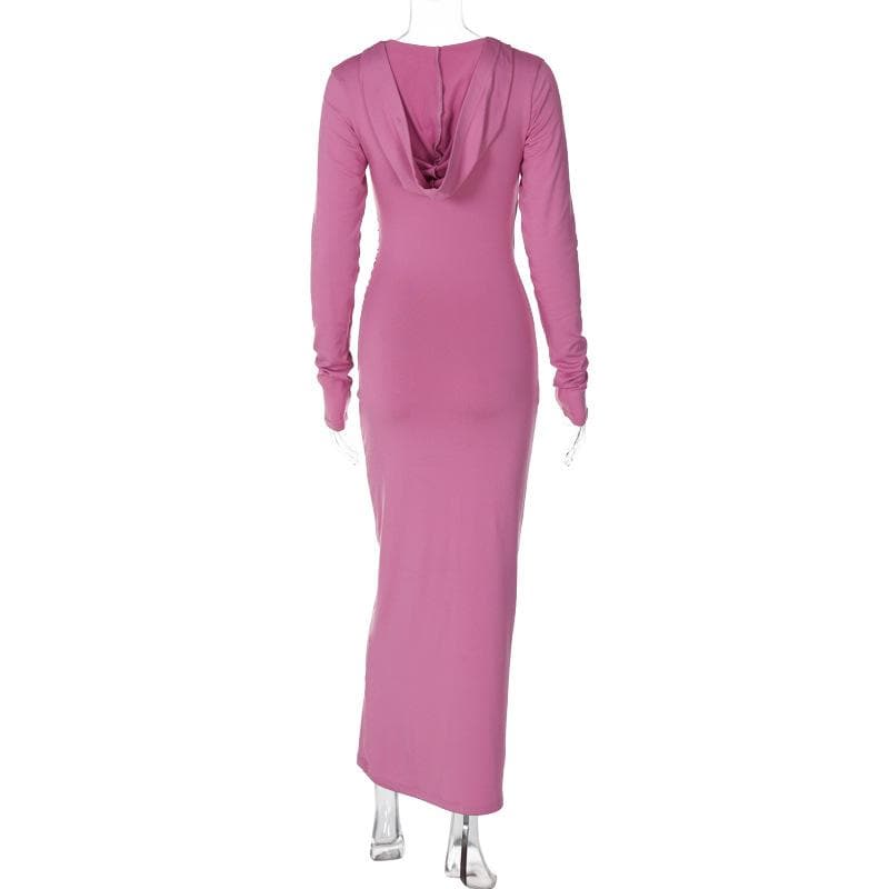 Hooded V-Neck Wrap Ruched Long Sleeve Bodycon Maxi Dress