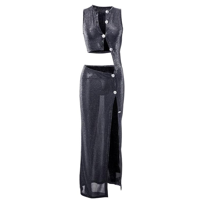 Glitter Asymmetrical Cutout Diagonal Button Sleeveless High Slit Maxi Dress